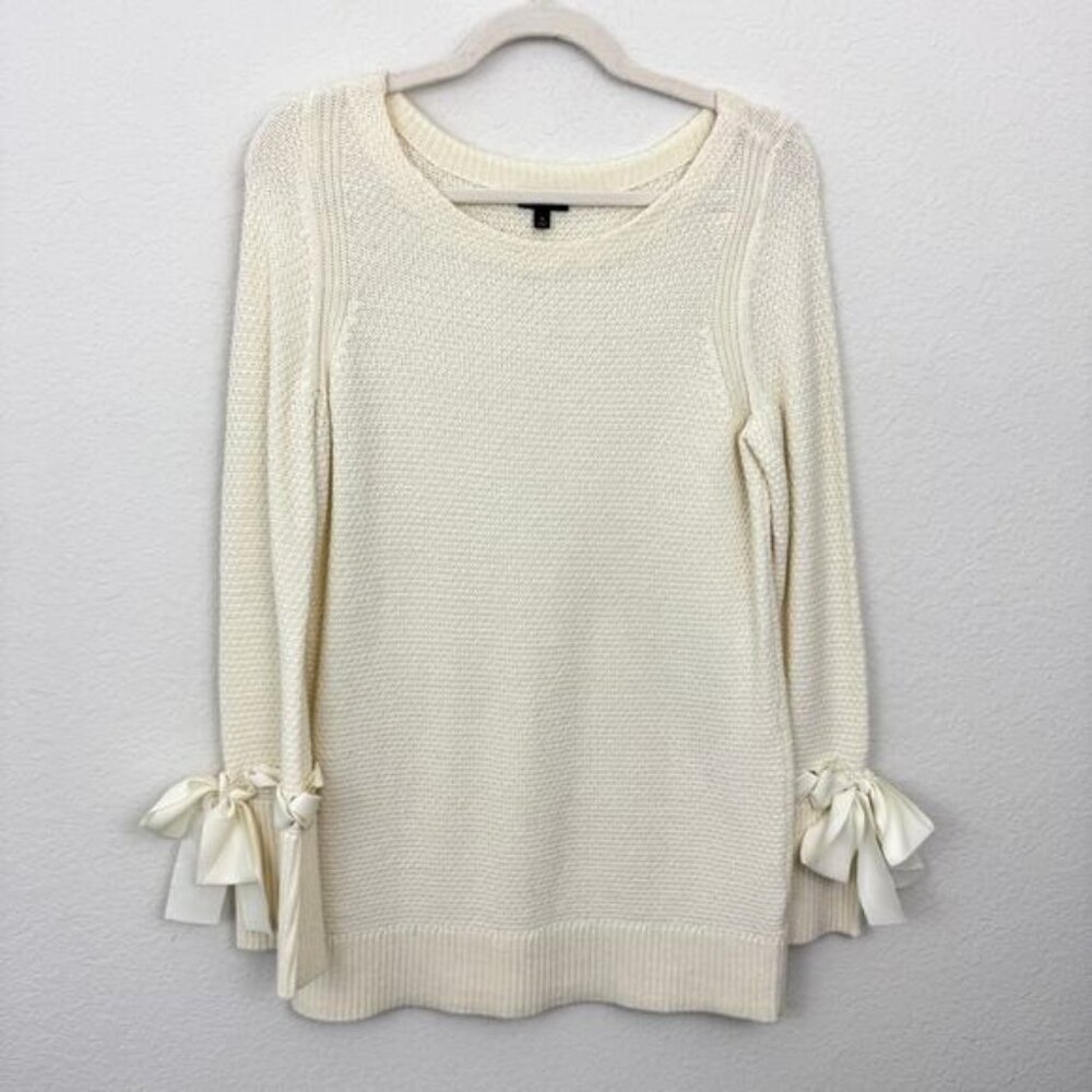 Talbots Womens Pullover Sweater Size M Lambswool Blend Bow Ribbon Knit Cream